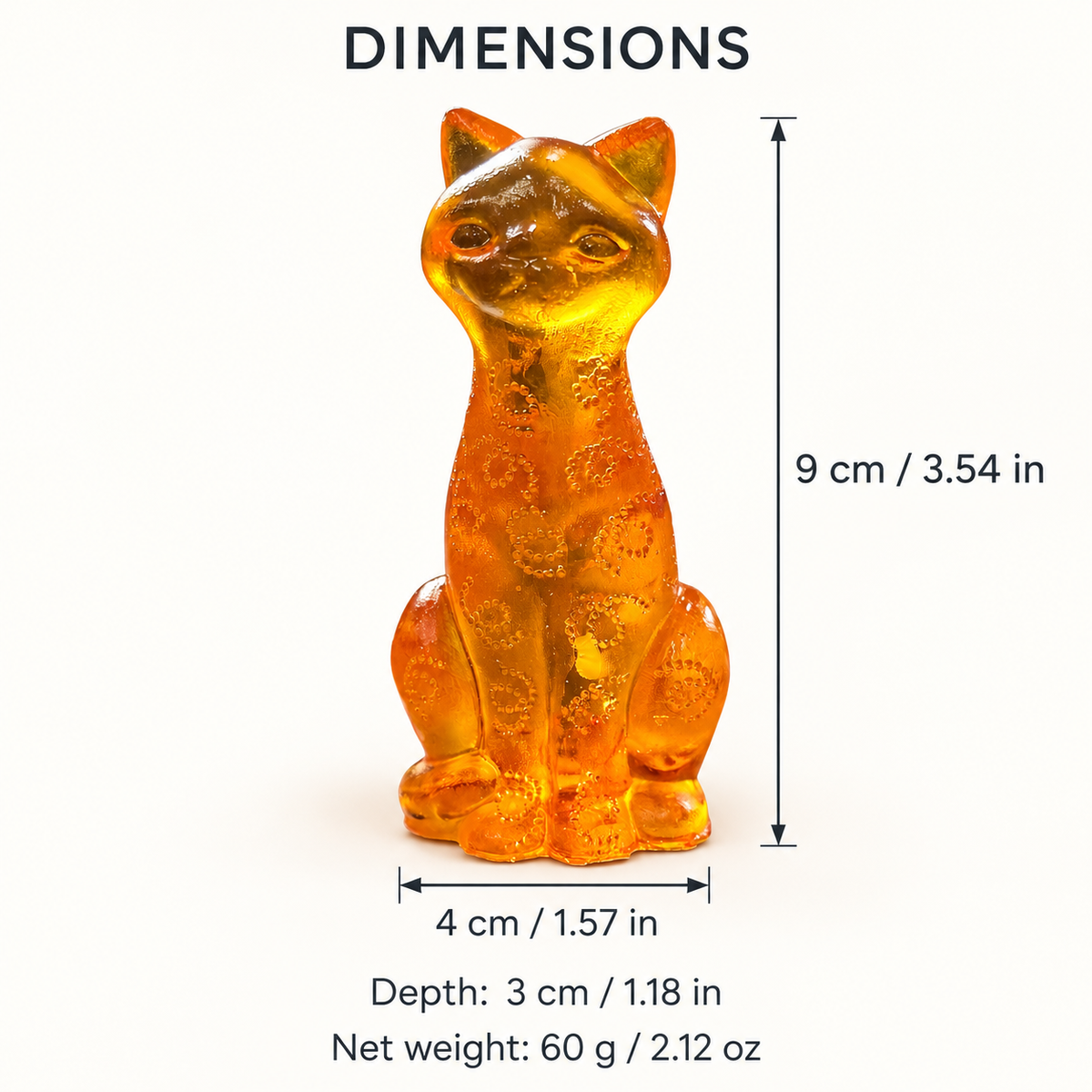 Baltic amber paisley cat figurine size chart: height 9 cm (3.54 in), width 4 cm (1.57 in), depth 3 cm (1.18 in), net weight 60 g (2.12 oz) — KIZIMA®