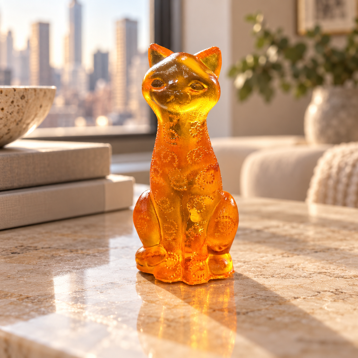 Made in USA Natural Baltic Amber paisley cat figurine by KIZIMA® on a pale stone console in a New York apartment interior