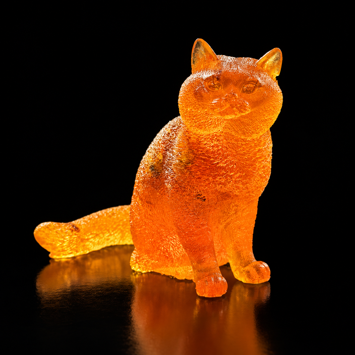 Made in USA Natural Baltic Amber sitting cat figurine by KIZIMA®, 7 cm fluffy golden-orange cat with long tail, black studio background