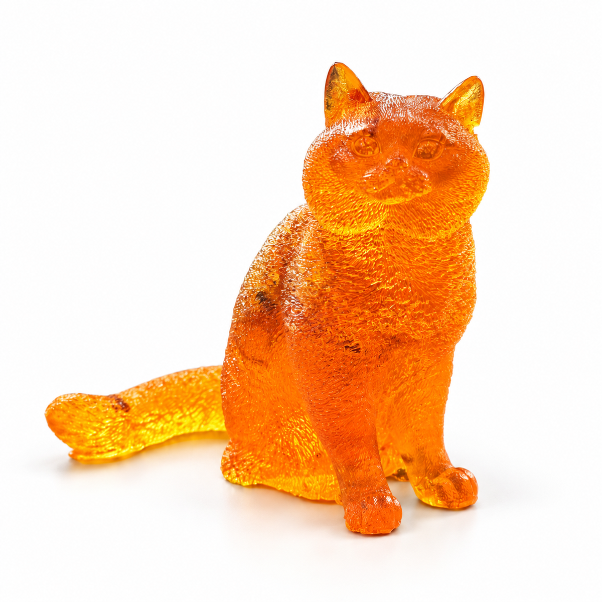 Made in USA Natural Baltic Amber sitting cat figurine by KIZIMA®, golden-orange cat with textured fur and long tail on white