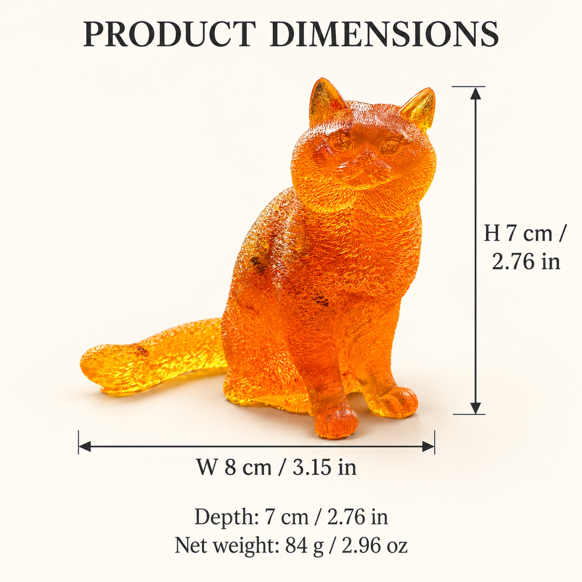 Baltic amber long-tailed cat figurine size chart: height 7 cm, width 8 cm, depth 7 cm, net weight 84 g — KIZIMA®