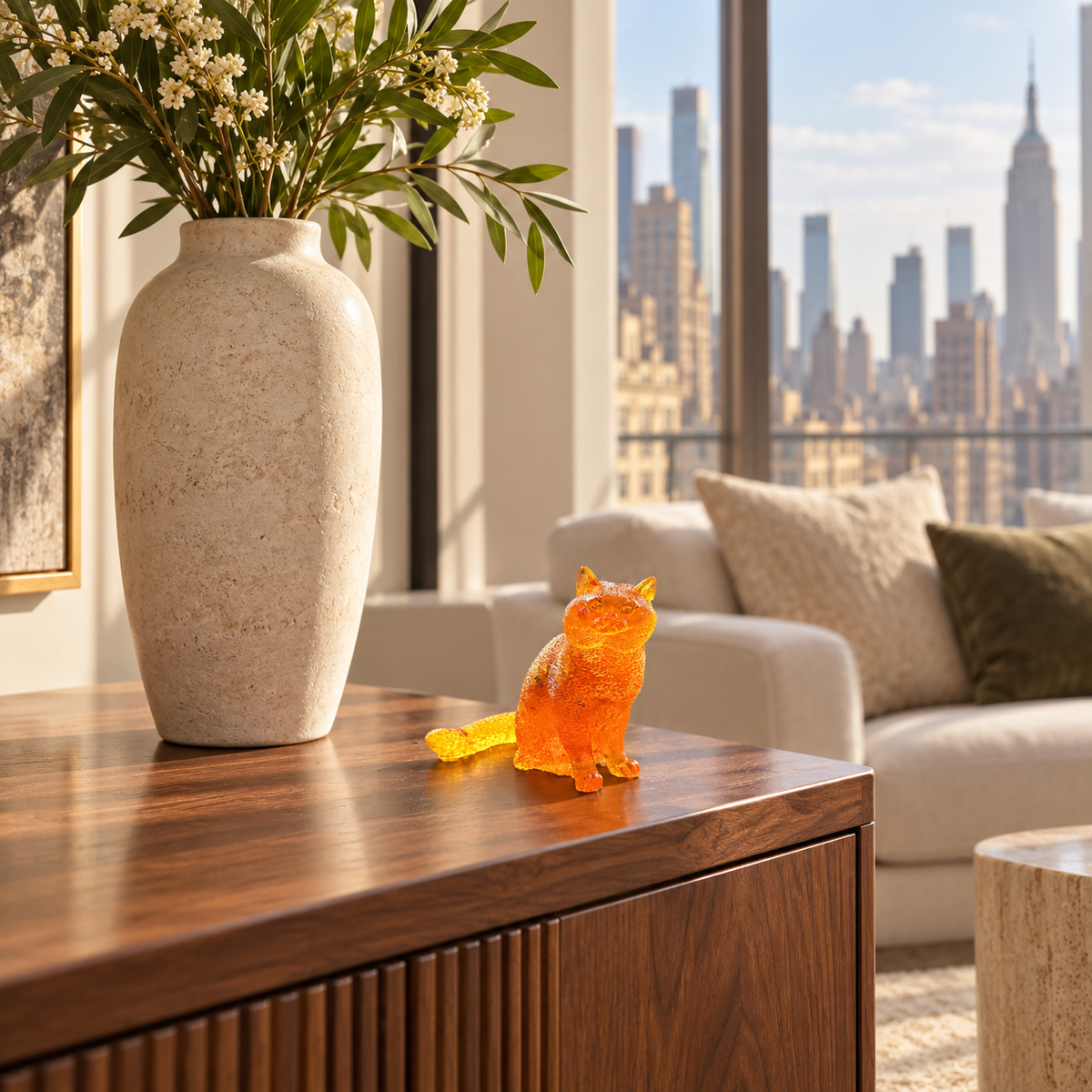 Made in USA Natural Baltic Amber fluffy cat figurine by KIZIMA® on a walnut console in a New York apartment