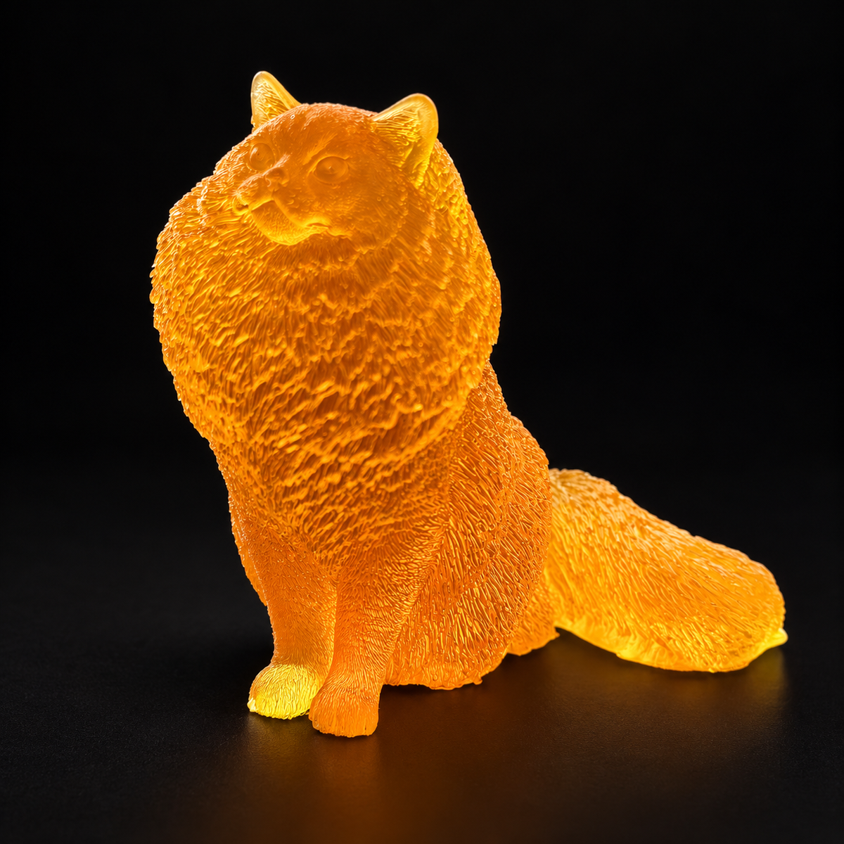 Made in USA Natural Baltic Amber fluffy cat figurine by KIZIMA®, 8 cm sitting long-haired cat with full ruff and flowing tail, black studio background