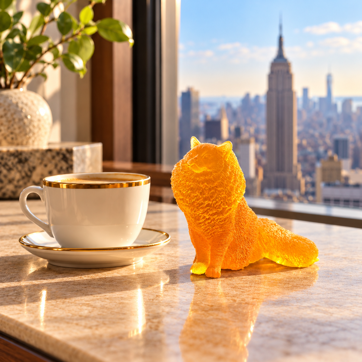 Made in USA Natural Baltic Amber fluffy cat figurine by KIZIMA® beside a cup in a Manhattan interior overlooking the Empire State Building