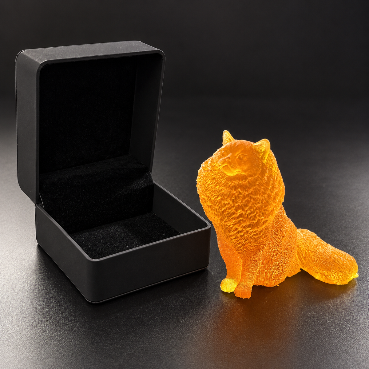 Made in USA Natural Baltic Amber fluffy cat figurine by KIZIMA® beside the open black velvet-lined KIZIMA® gift box