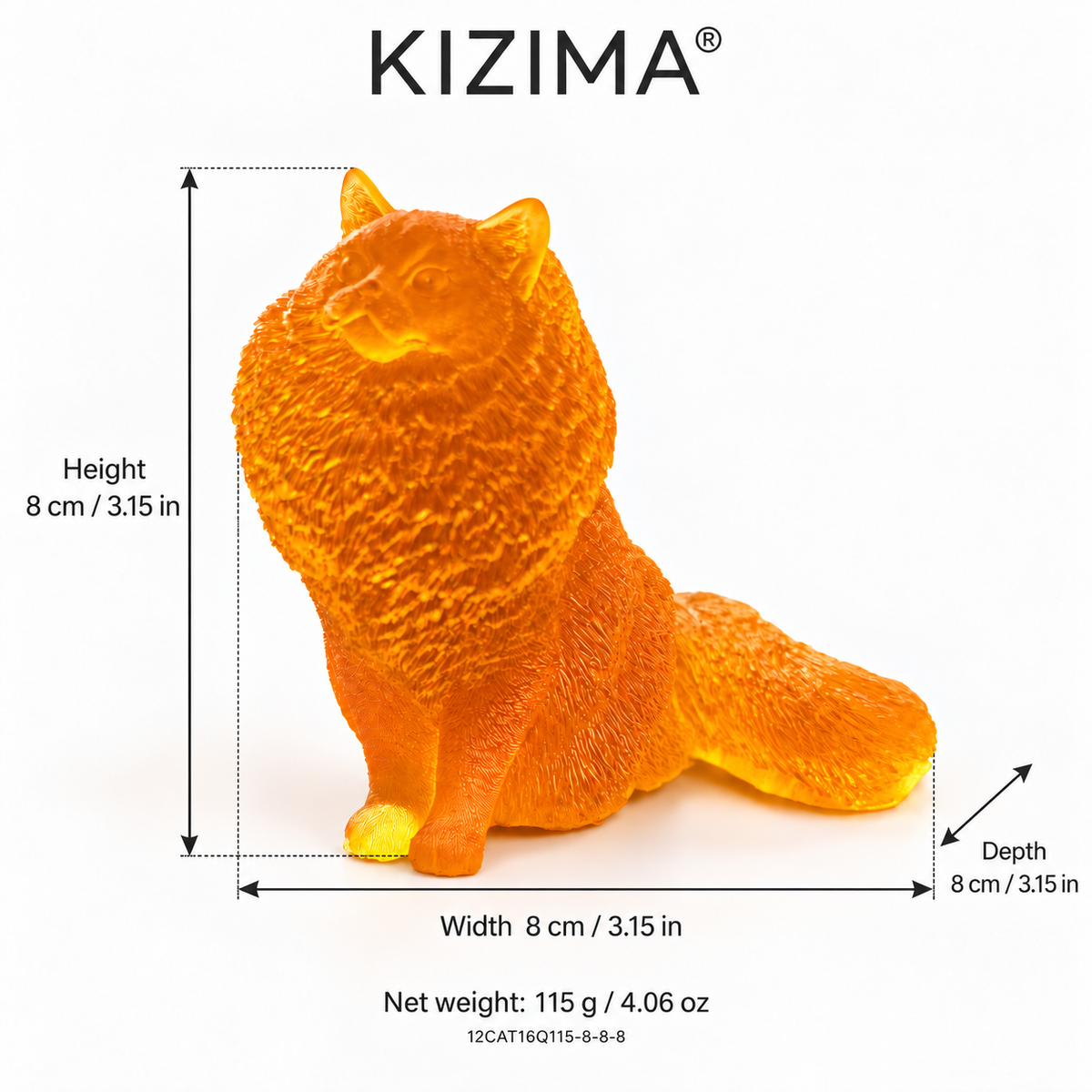 Baltic amber fluffy cat figurine size chart: height, width and depth 8 cm (3.15 in), net weight 115 g (4.06 oz) — KIZIMA®
