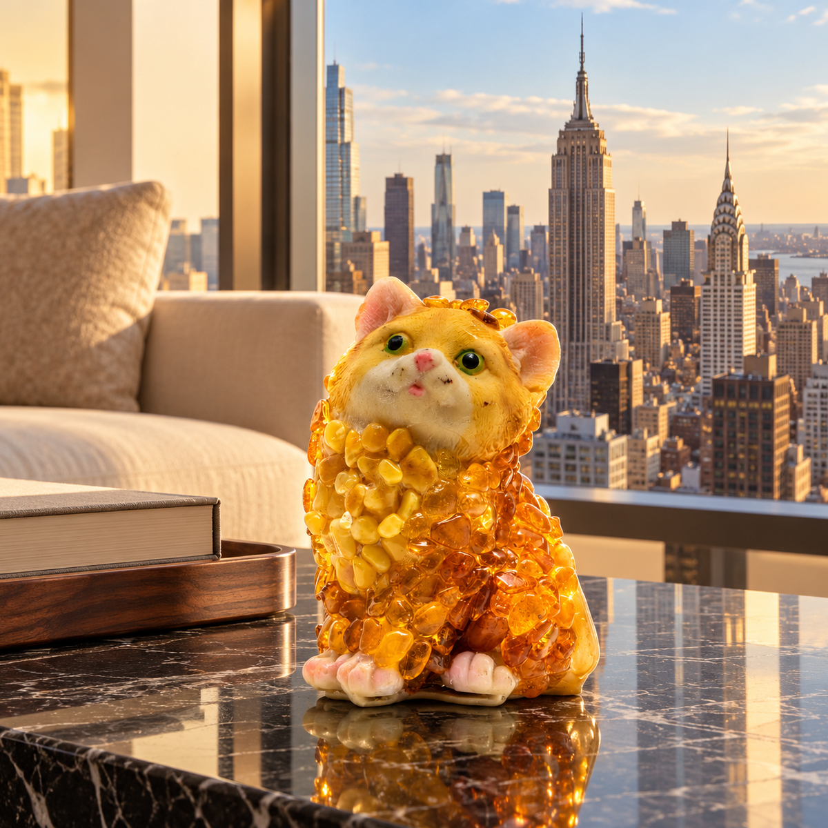 Baltic amber sitting cat figurine in a New York apartment interior — cat home decor by KIZIMA®