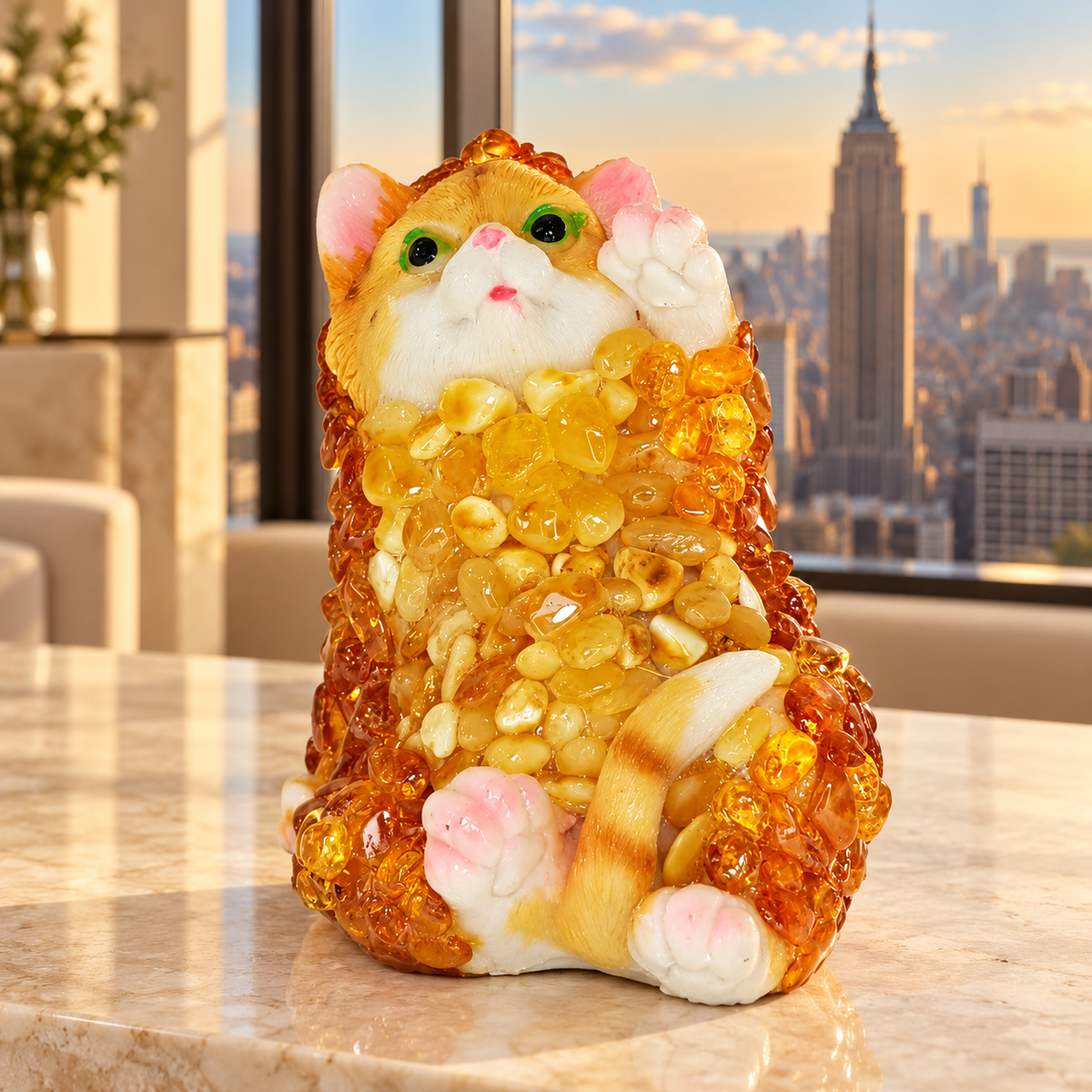 Baltic amber upright cat figurine in a New York apartment interior — cat home decor by KIZIMA®