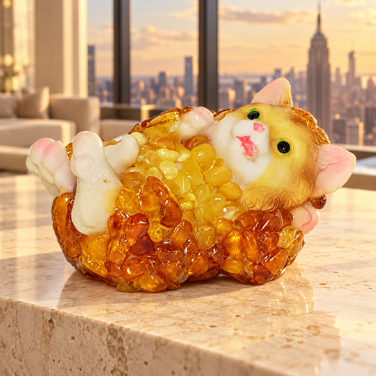 Baltic amber playful cat figurine in a New York apartment interior — cat home decor by KIZIMA®