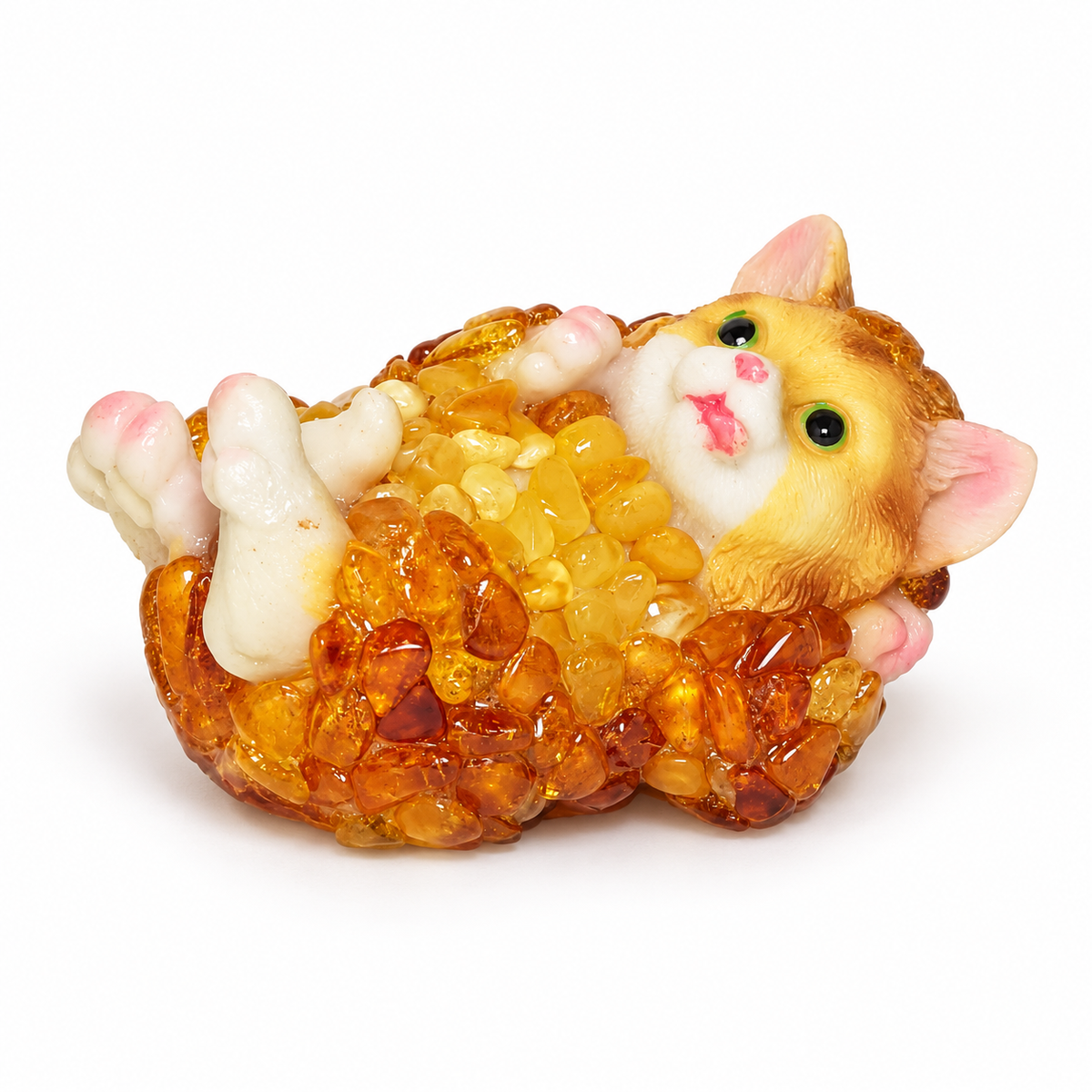Baltic amber mosaic kitten lying on its back on white, approx. 3.4 x 2 x 2 in — KIZIMA® Brooklyn