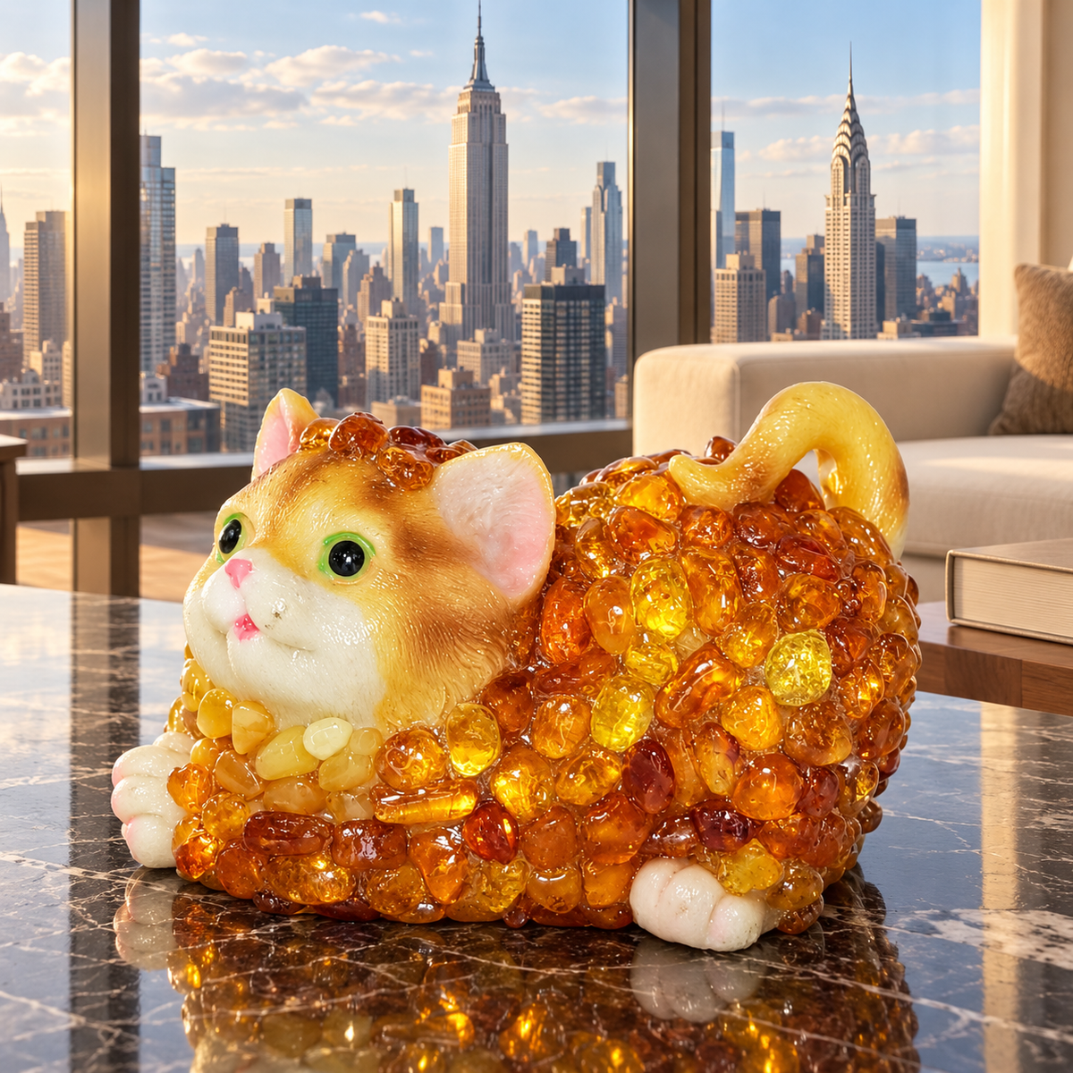 Baltic amber lying cat figurine in a New York apartment interior — cat home decor by KIZIMA®