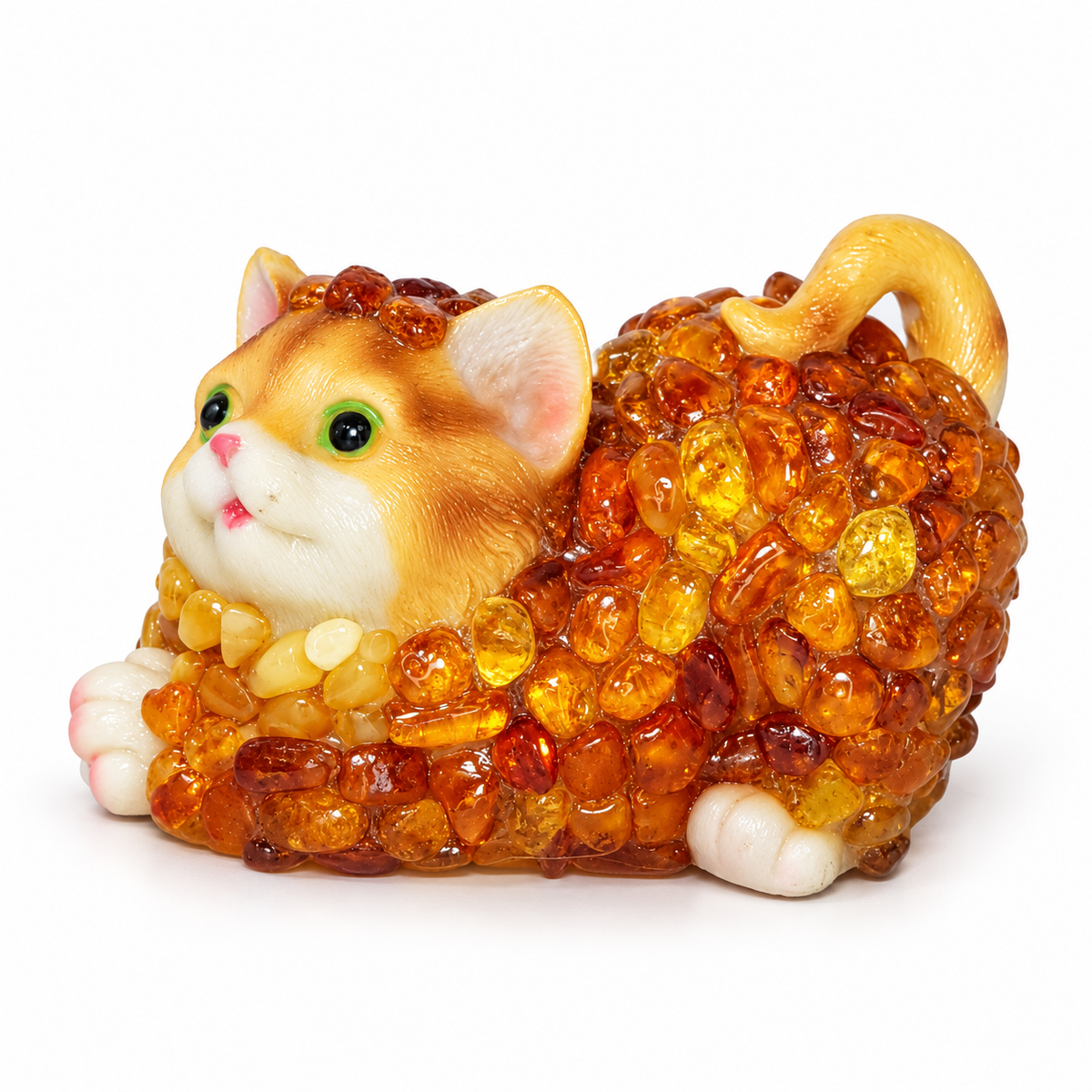 Baltic amber mosaic lying cat figurine on white, approx. 3.5 x 2 x 2 in — KIZIMA® Brooklyn