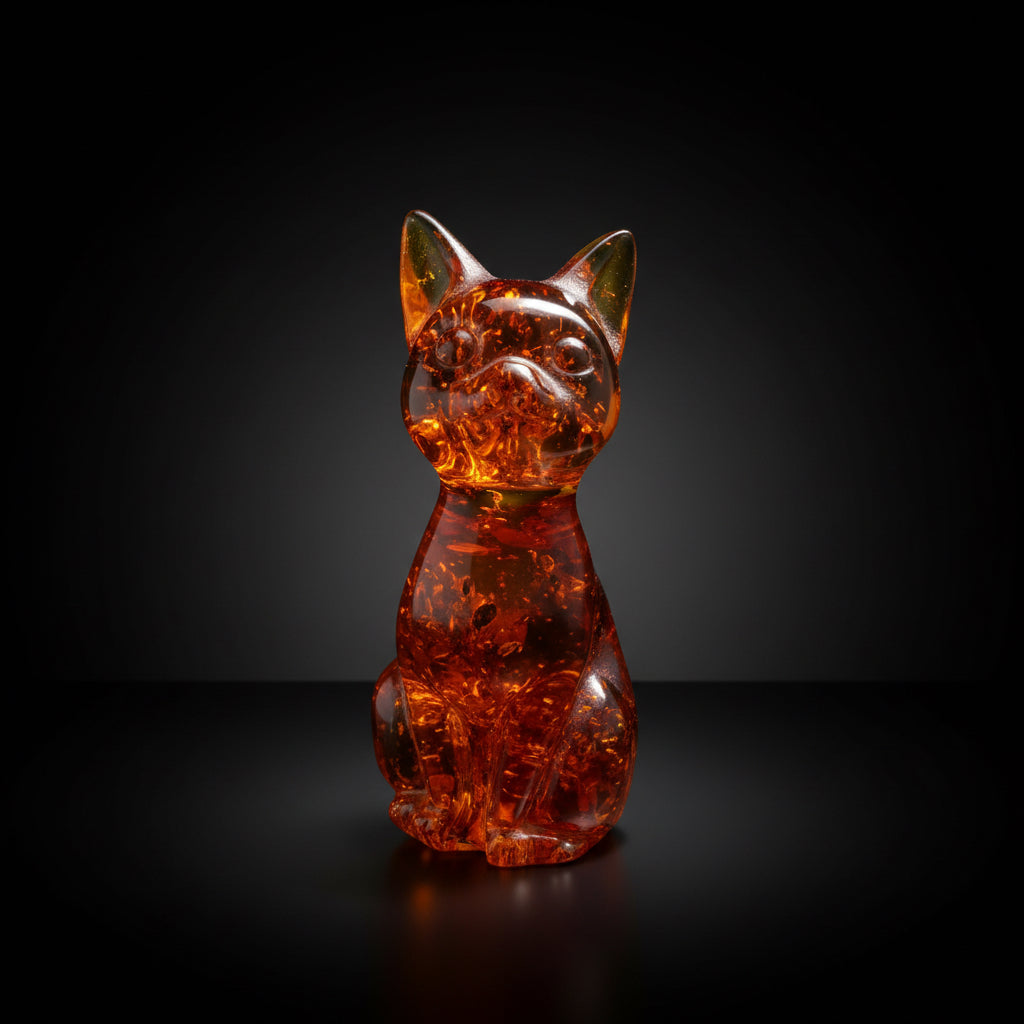 Handmade honey Baltic amber cat sculpture by KIZIMA® USA — natural amber gift, side view