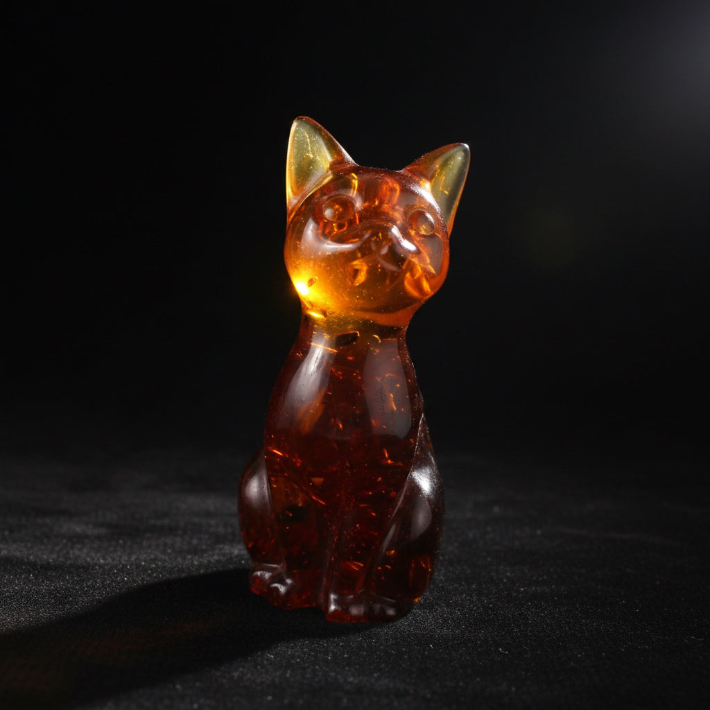 KIZIMA® honey amber cat statuette — genuine Baltic amber Christmas gift, made in USA