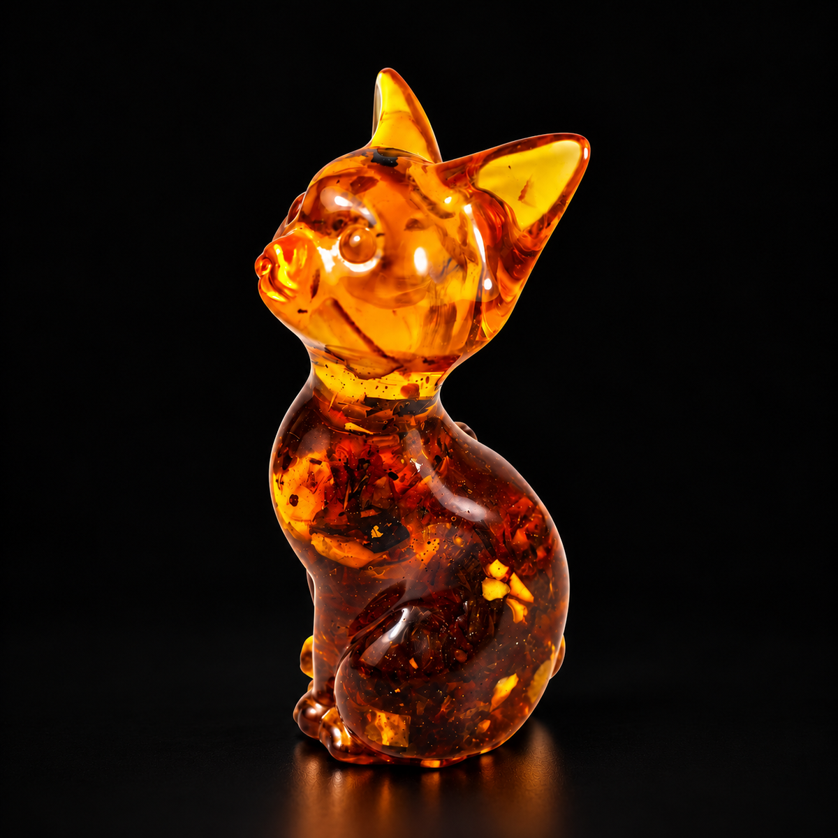 KIZIMA amber cat figurine on a black studio background