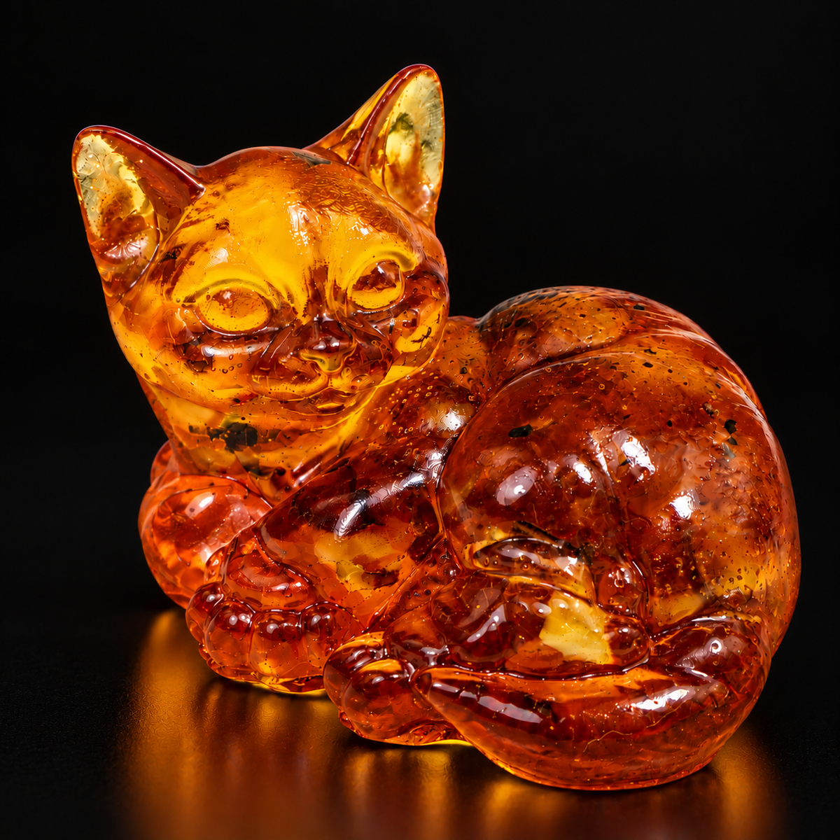 KIZIMA amber lying cat figurine on a black studio background