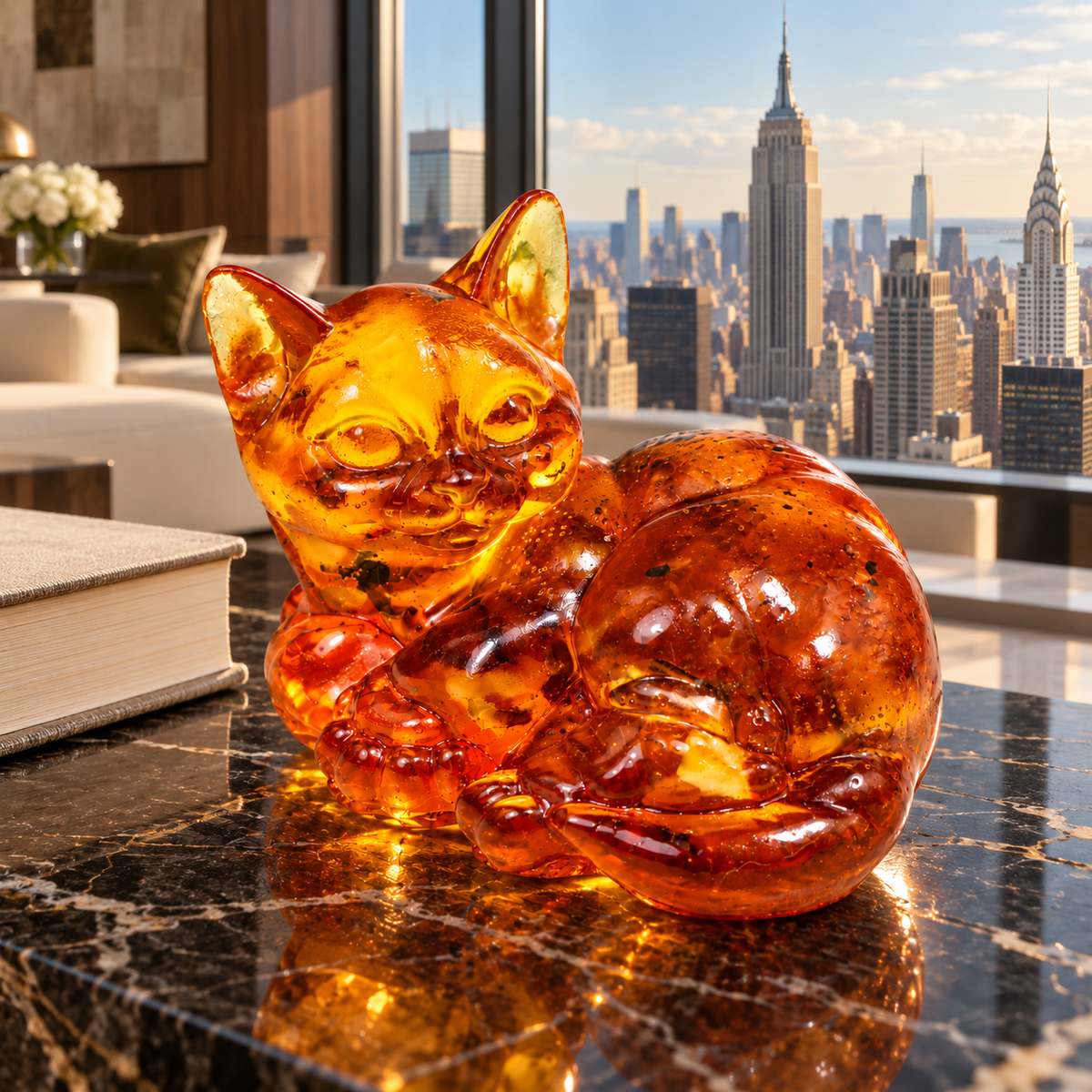 KIZIMA amber lying cat figurine in a New York interior
