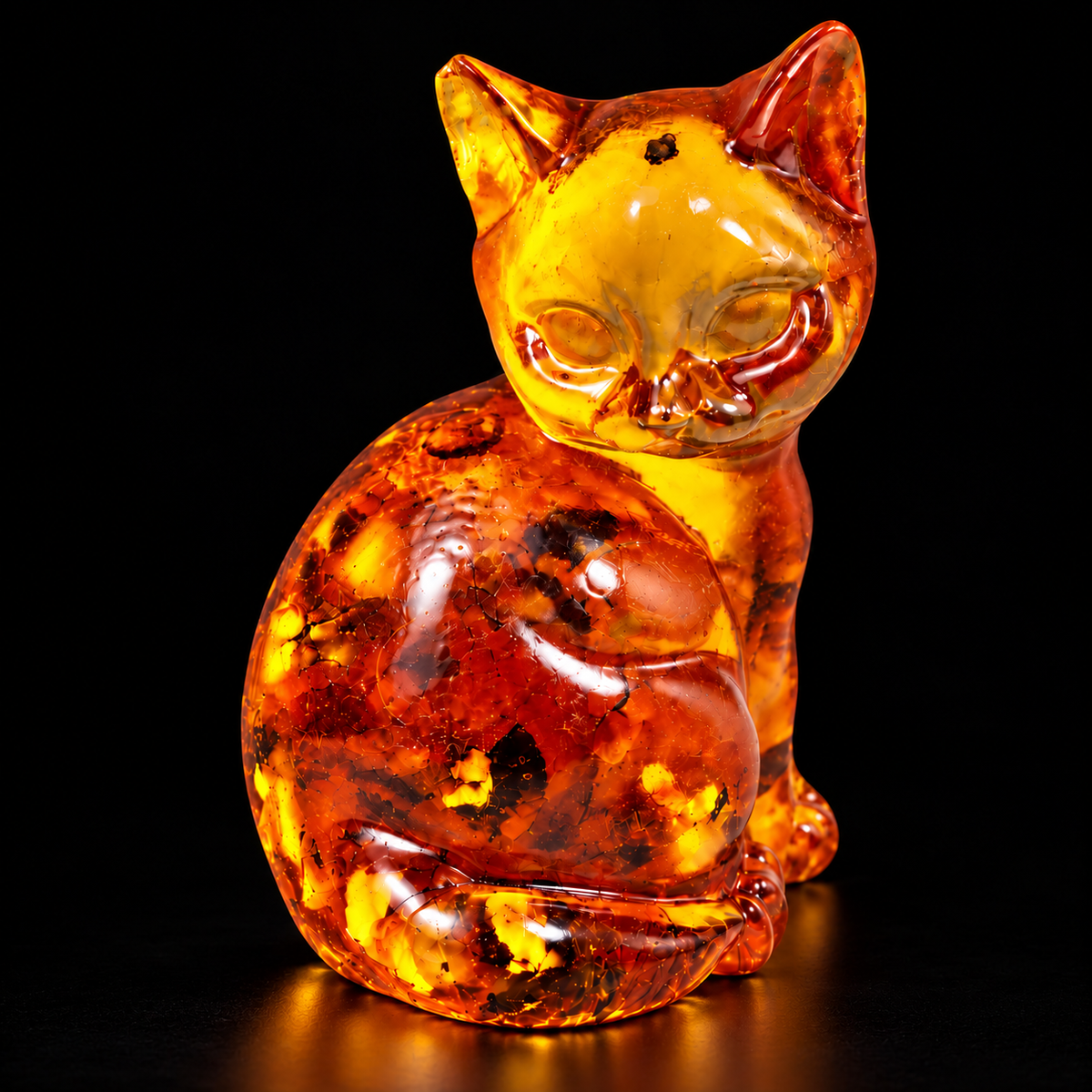 KIZIMA rounded amber sitting cat on a black studio background