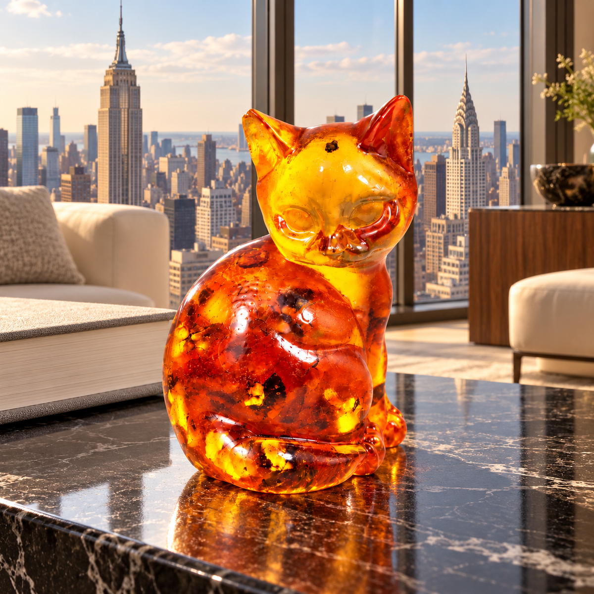 KIZIMA rounded amber sitting cat in a New York interior