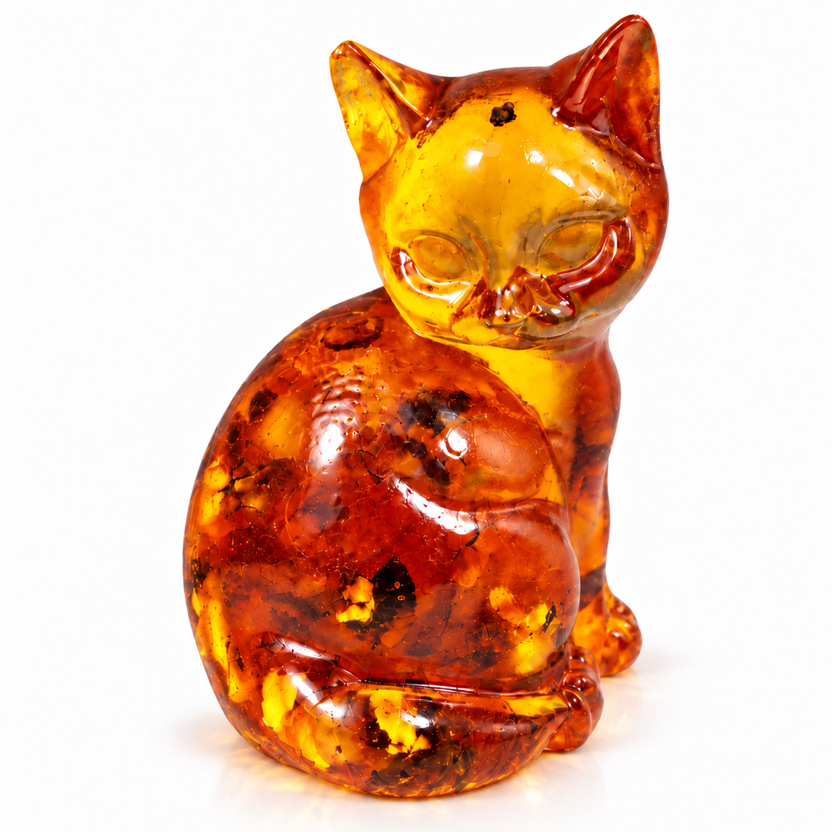 KIZIMA rounded amber sitting cat on a white studio background