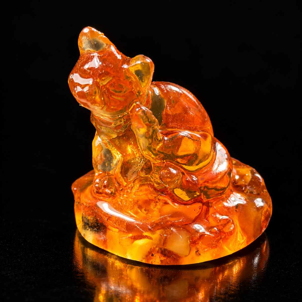 KIZIMA amber cat figurine on a black studio background, matching the current product reference