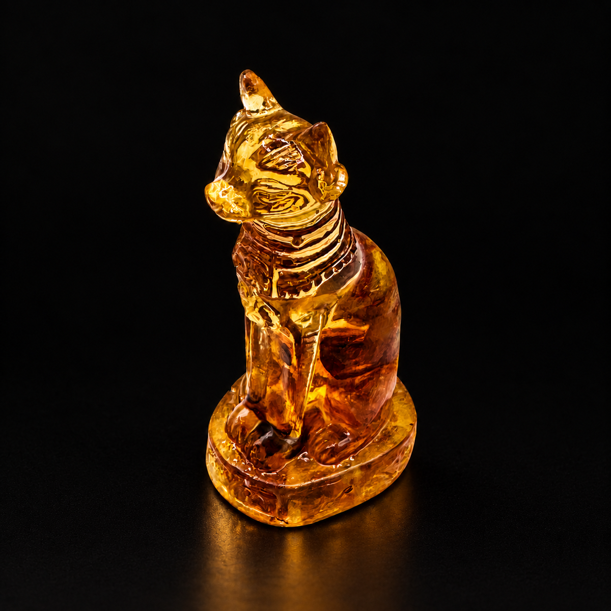 KIZIMA amber cat figurine on a black studio background