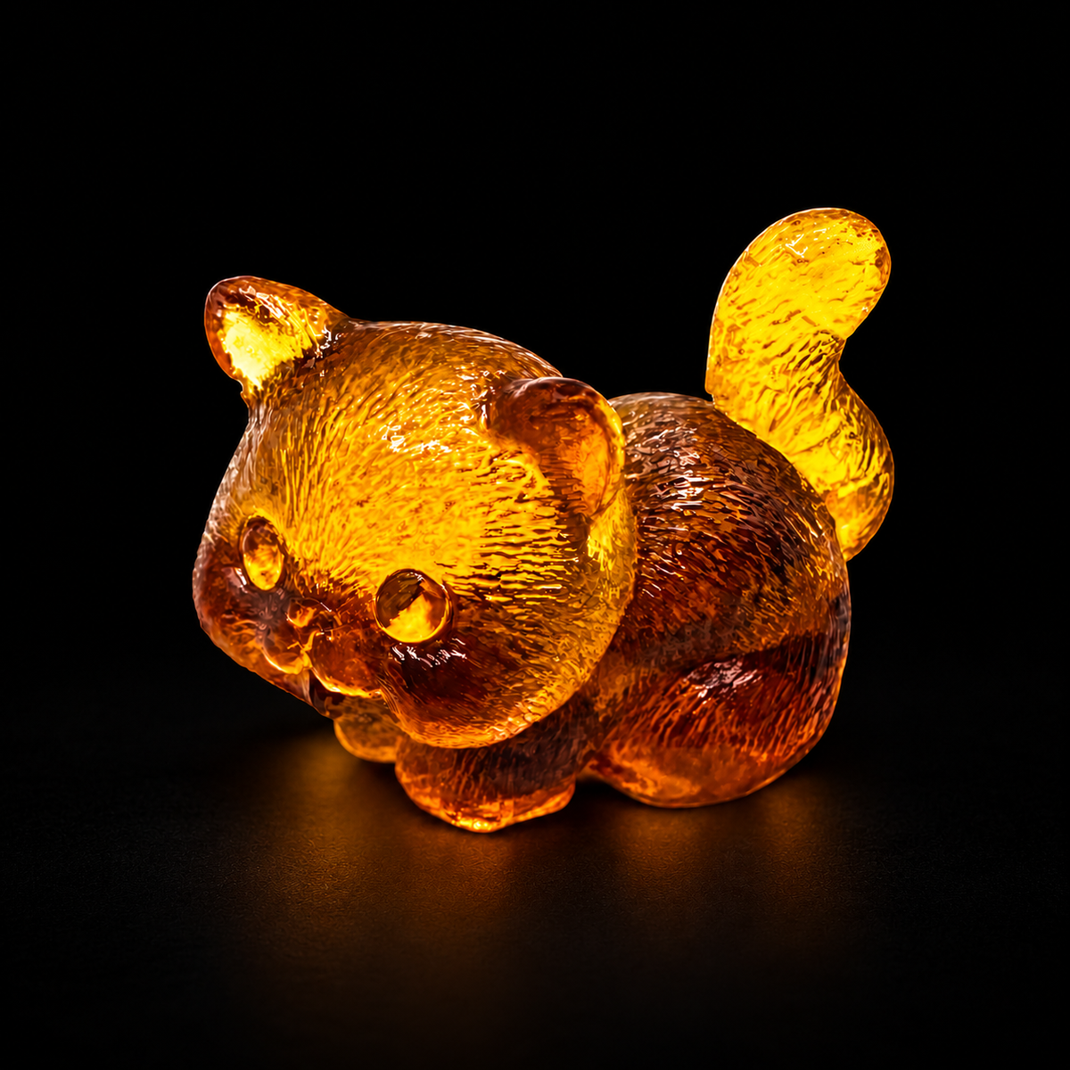 KIZIMA textured amber cat figurine on a black studio background