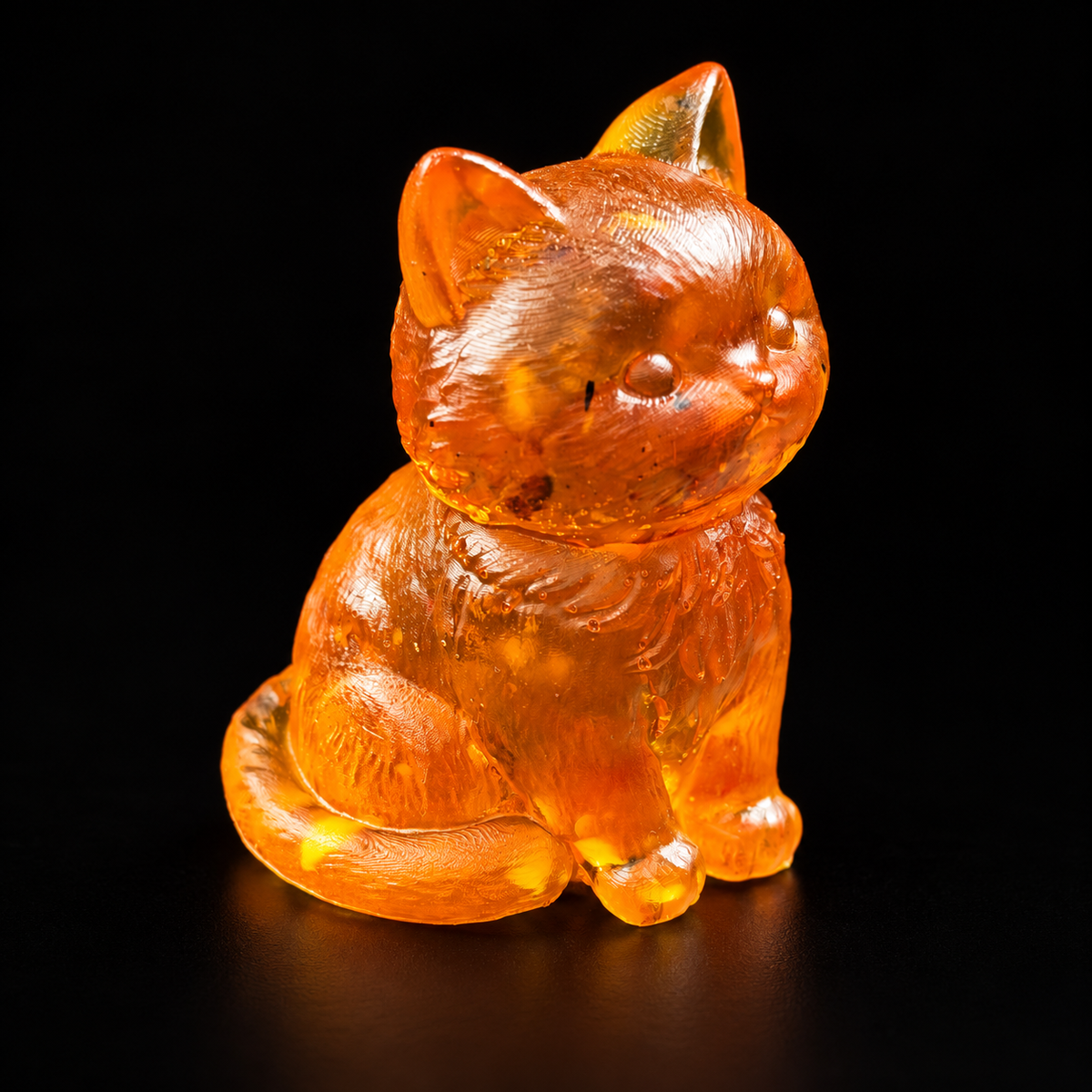 KIZIMA round amber cat with bow on a premium black studio background