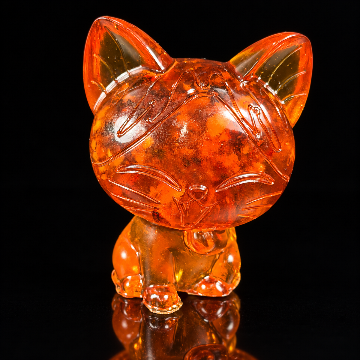 KIZIMA orange-red amber cat figurine on a black studio background, matching the current product reference
