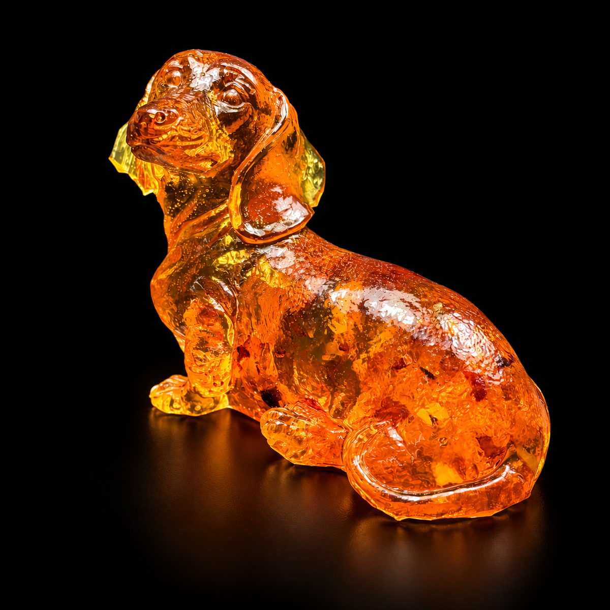 Long-bodied amber dachshund with drooping ears and a raised head, glowing orange against a reflective black surface.
