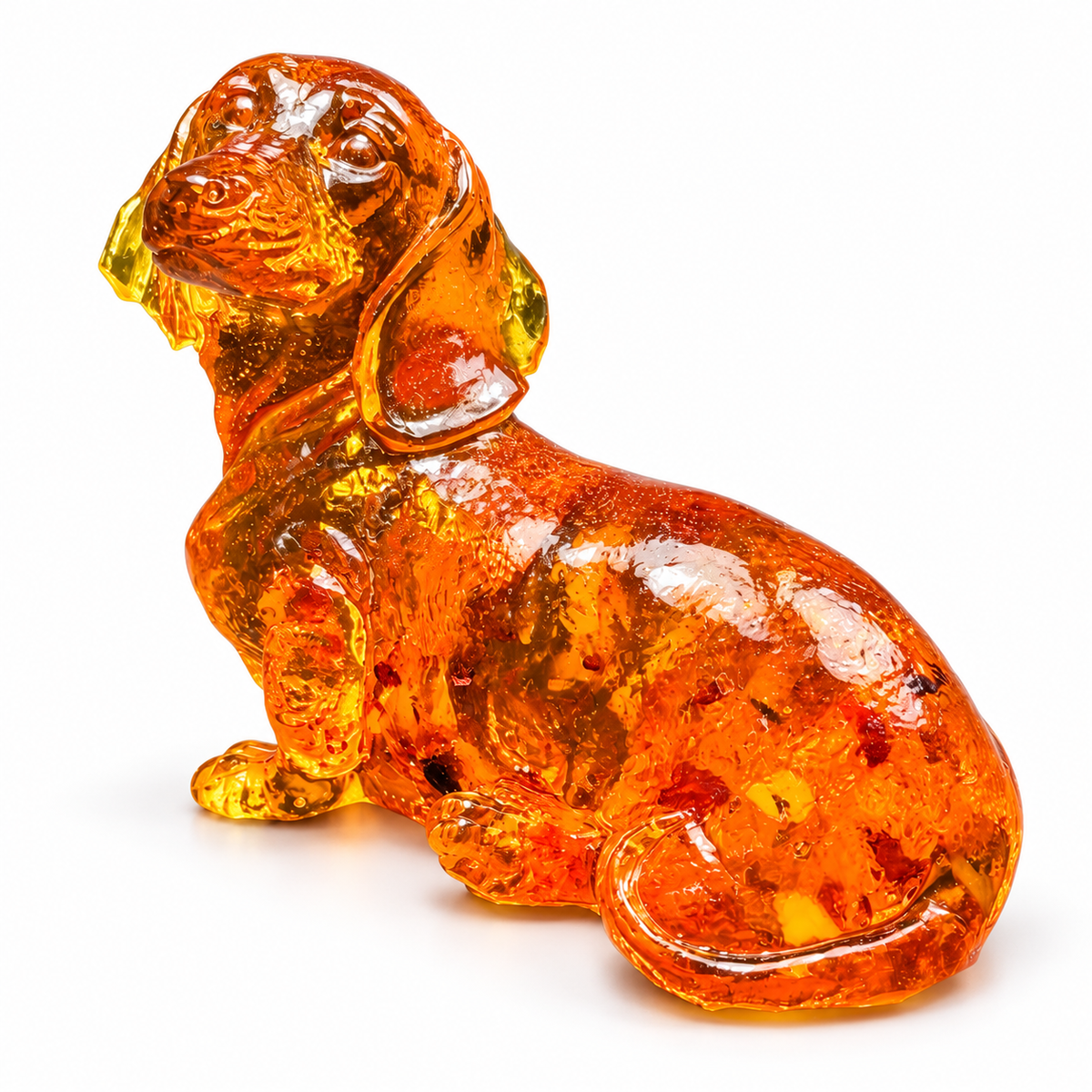 Three-quarter view of a seated amber dachshund on white, showing its long back, short front legs and tail around the base.