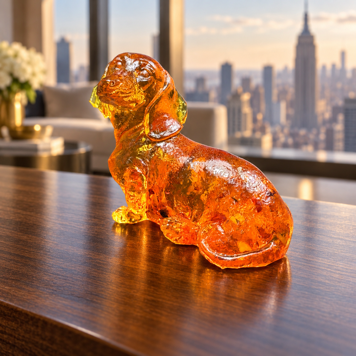 Amber dachshund displayed on a polished wooden console, with the Empire State Building visible through the window.