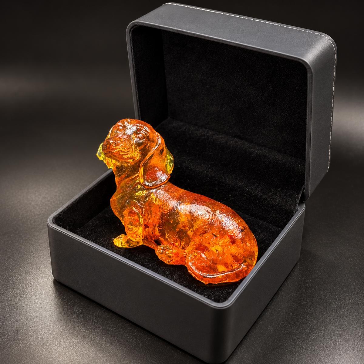 Seated dachshund sculpture in honey and cognac amber, presented inside an open black hinged gift box.