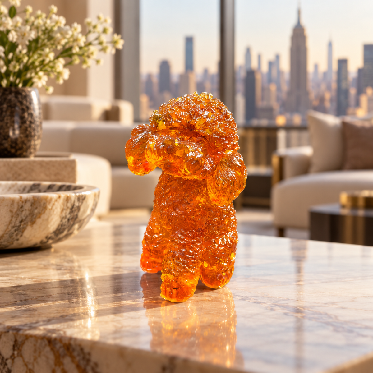 Amber poodle figurine on a glossy veined tabletop beside a bowl, with pale seating and a city skyline beyond the window.