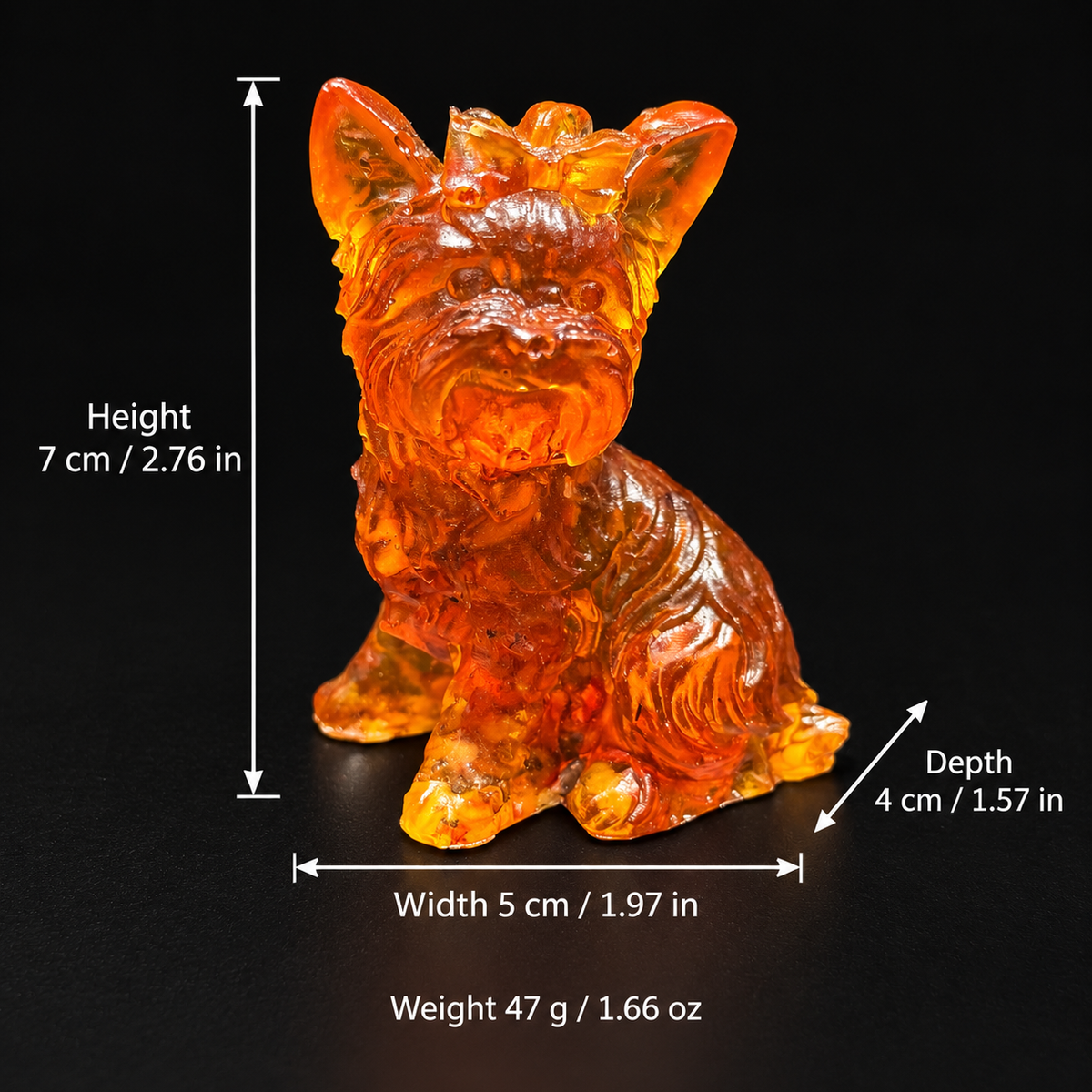 Size chart for the amber Yorkshire Terrier with bow: height 7 cm (2.76 in), depth 4 cm (1.57 in), width 5 cm (1.97 in); weight 47 g (1.66 oz).