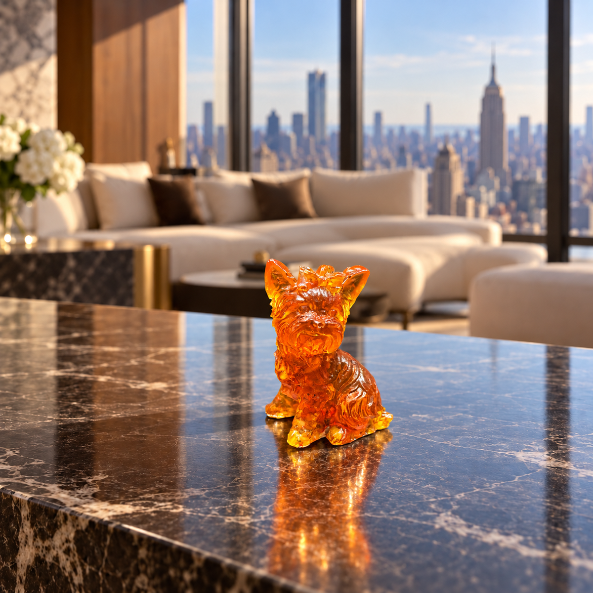 Small amber Yorkshire Terrier with a bow on a dark veined tabletop, with a cream sofa and broad city-view windows in the background.