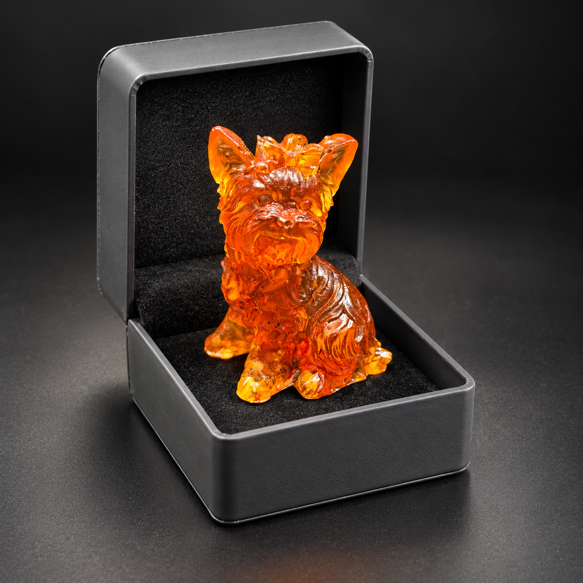 Amber Yorkshire Terrier with pointed ears and a bow, seated on black cushioning inside an open charcoal box viewed from above.