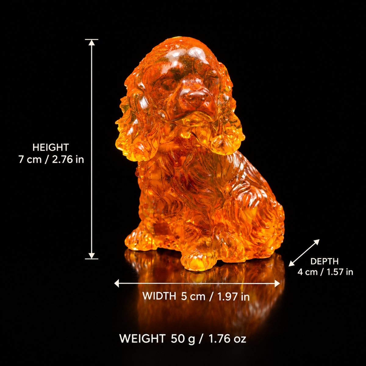 Amber Cocker Spaniel size chart on black: height 7 cm (2.76 in), depth 4 cm (1.57 in), width 5 cm (1.97 in); weight 50 g (1.76 oz).