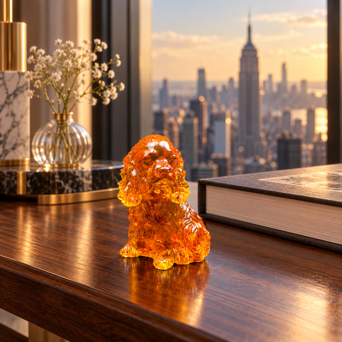 Amber Cocker Spaniel on a polished wood console beside a large closed book, with a flower vase and sunlit skyline beyond.