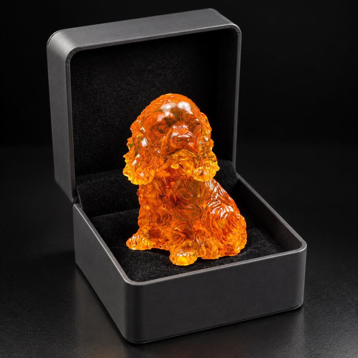 Wavy-eared amber Cocker Spaniel seated inside an open charcoal gift box, facing forward on the black padded insert.
