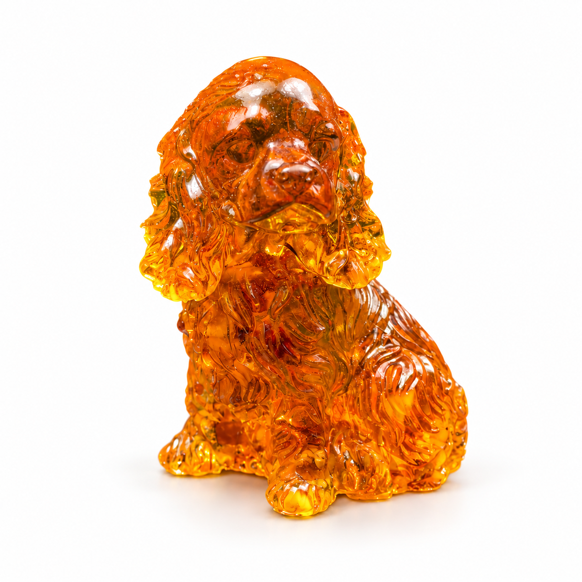 Amber Cocker Spaniel figurine on white, showing layered ear curls, a wavy chest and rounded seated haunches.