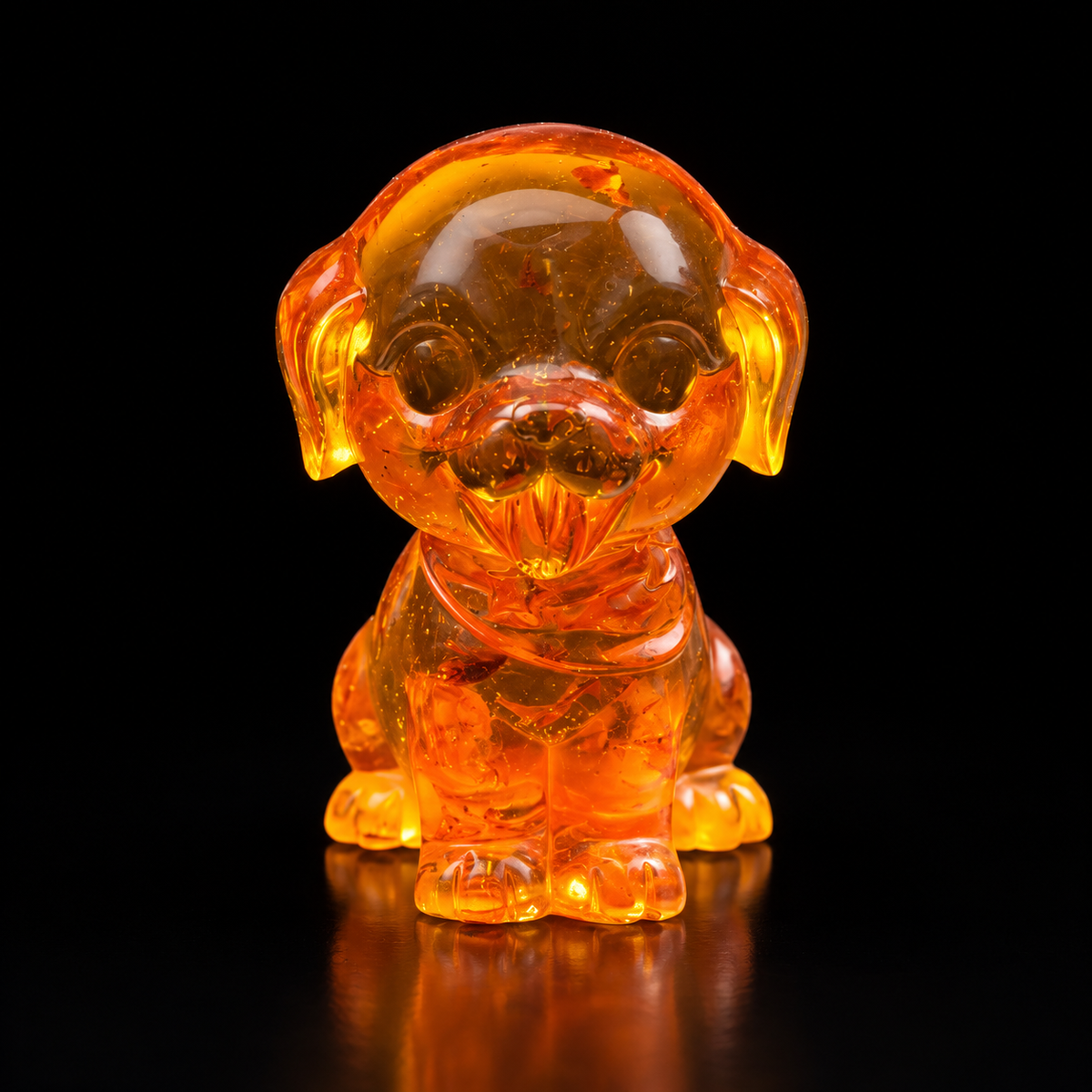 Front view of a round-headed amber cartoon puppy, with floppy ears and its tongue out, reflected on a black surface.