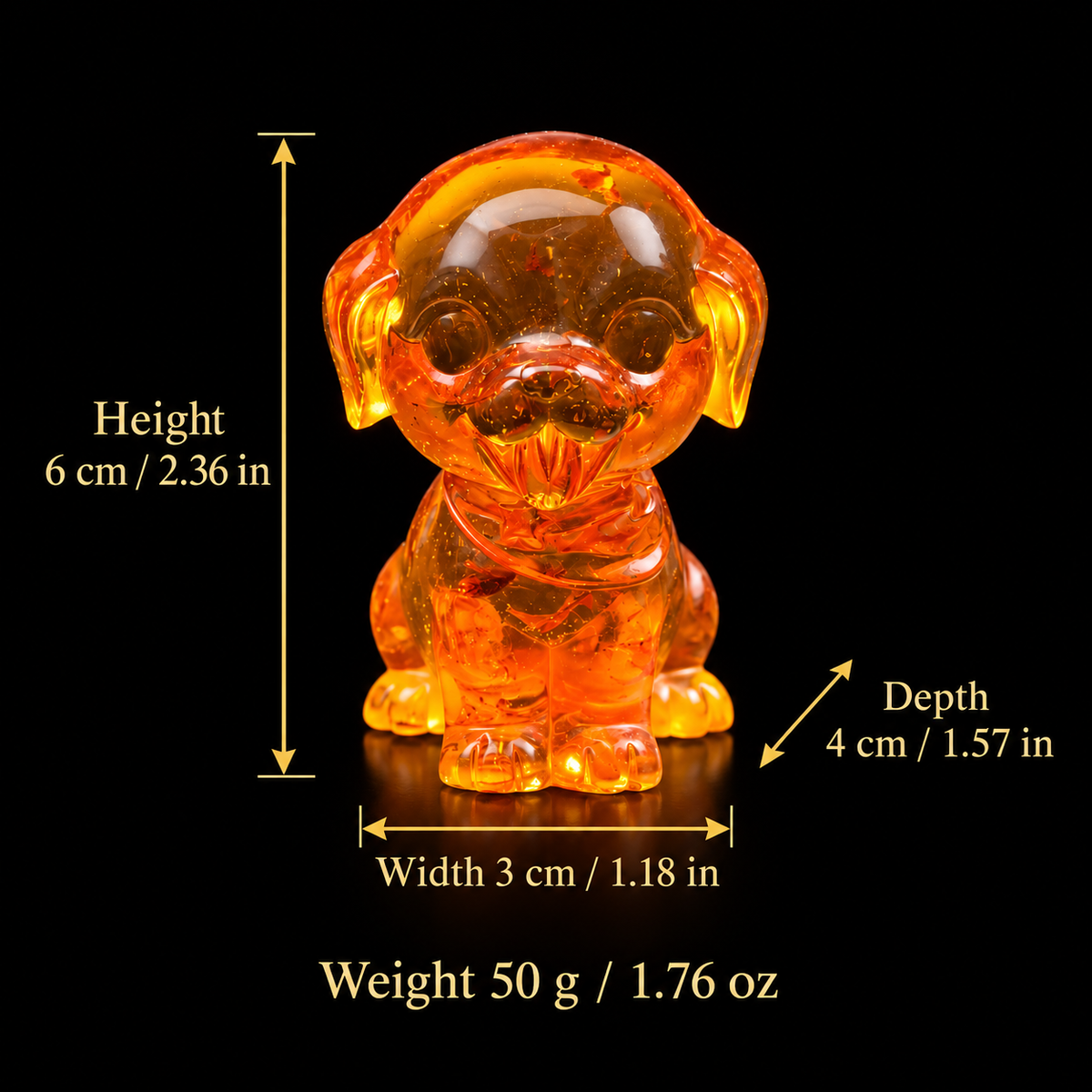 Amber cartoon puppy size chart: height 6 cm (2.36 in), depth 4 cm (1.57 in), width 3 cm (1.18 in); weight 50 g (1.76 oz).