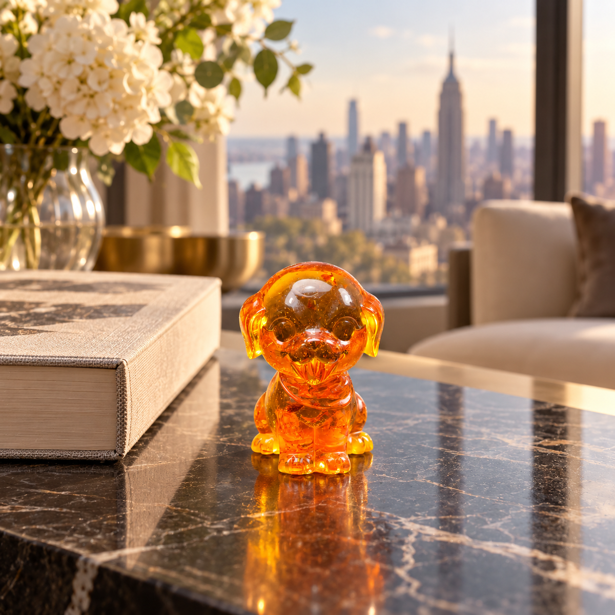 Small round-headed amber puppy on a dark veined tabletop beside a thick book, with white flowers and a city-view window behind it.
