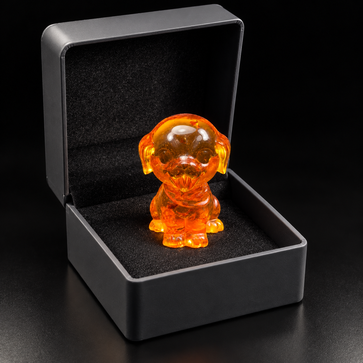 Round-headed amber cartoon puppy facing forward inside an open charcoal gift box, with its tongue and small paws visible against black lining.