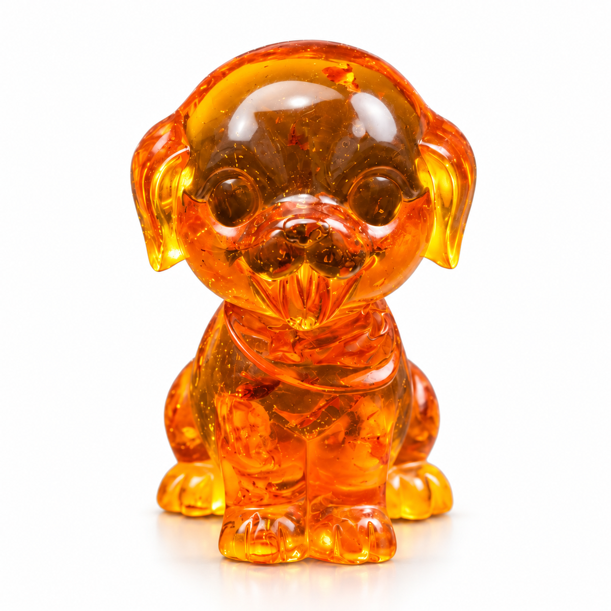 Round-headed amber puppy on white, showing its large circular eyes, short floppy ears, protruding tongue and tiny front paws.
