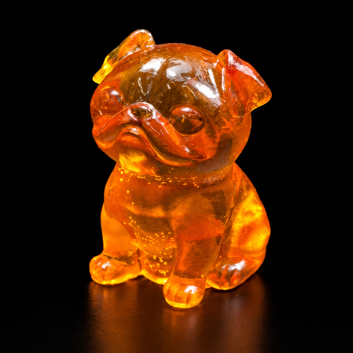 Three-quarter view of a seated amber pug, with round eyes, folded ears and a wrinkled muzzle, reflected on a black surface.