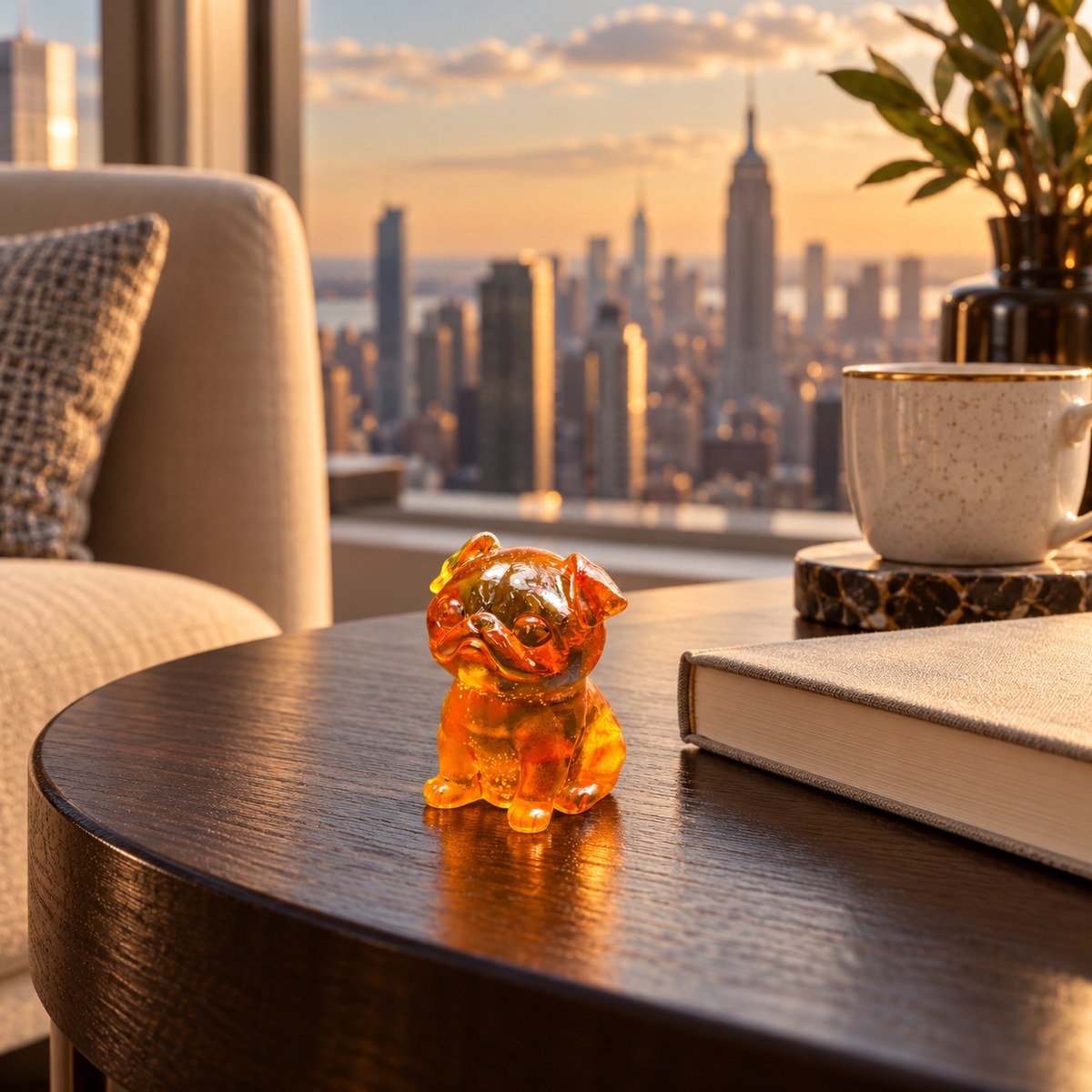 Small amber pug on a dark wood table beside a closed book and cup, with a sunlit city skyline through the window.