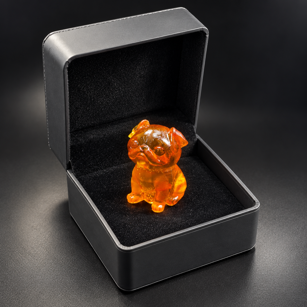 Amber pug seated in an open charcoal gift box, with black lining surrounding the small figure beneath the raised hinged lid.