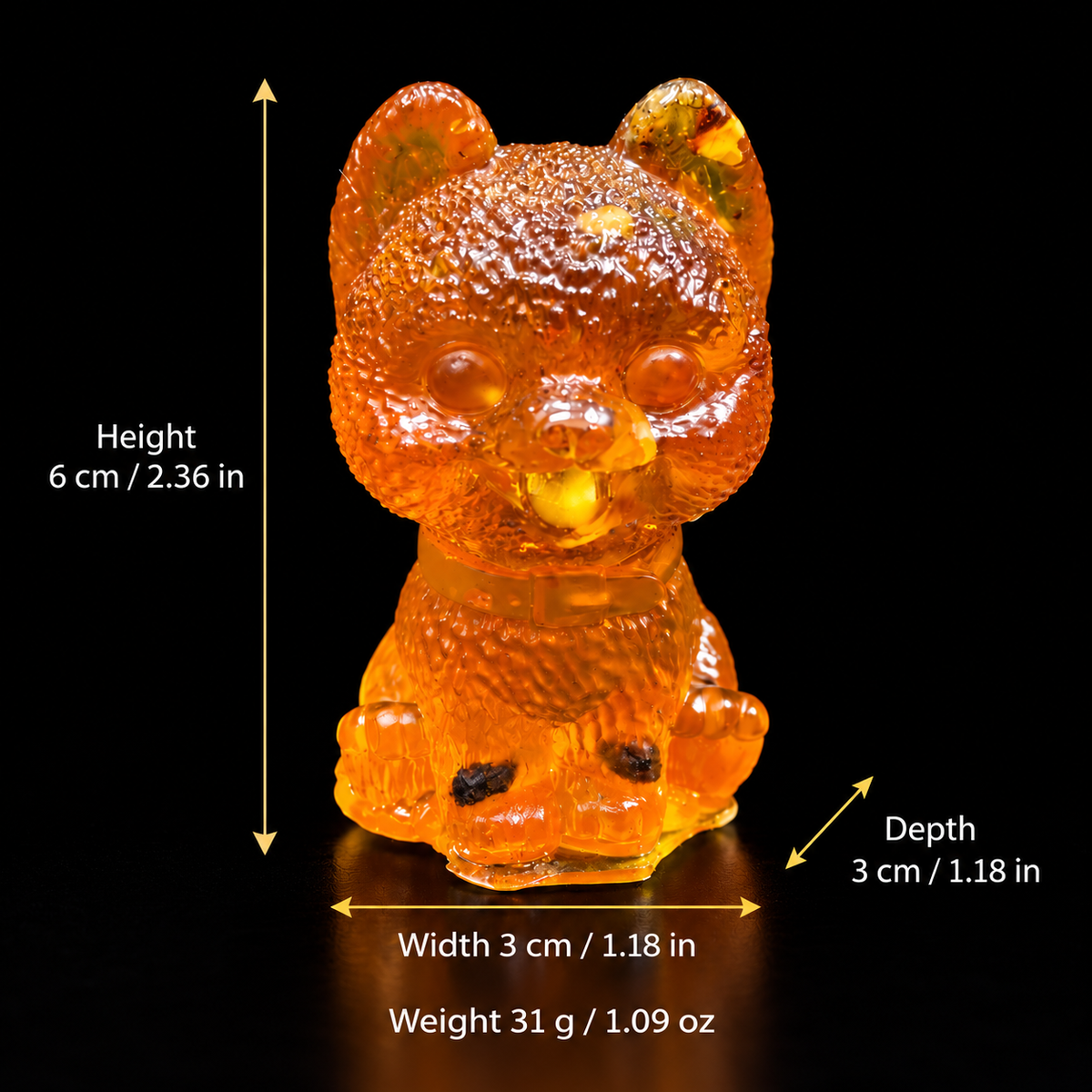 Amber fluffy puppy size chart: height 6 cm (2.36 in), depth 3 cm (1.18 in), width 3 cm (1.18 in), weight 31 g (1.09 oz).